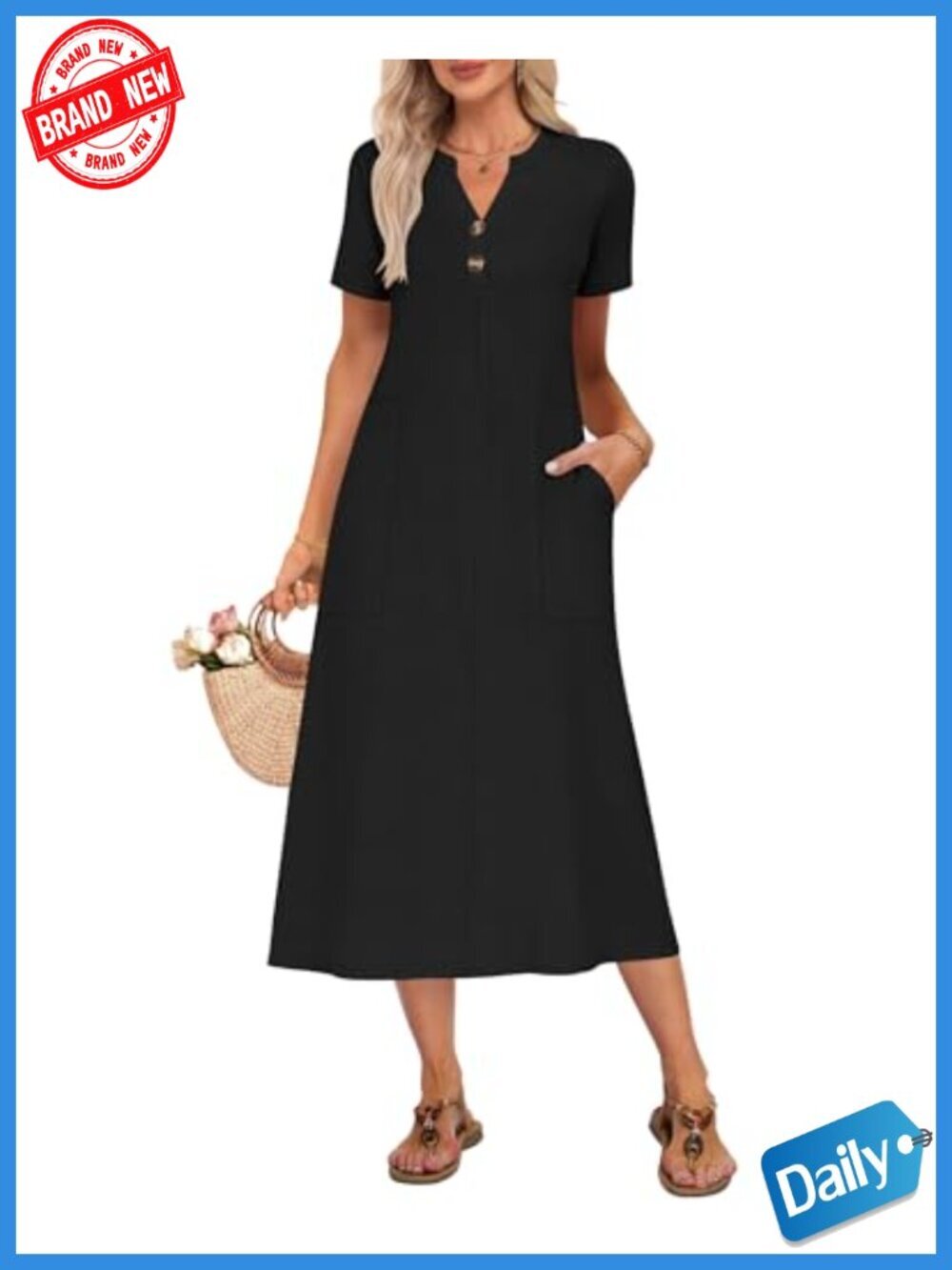 Casual Short Sleeve V Neck Button Loose Maxi Beach Dress